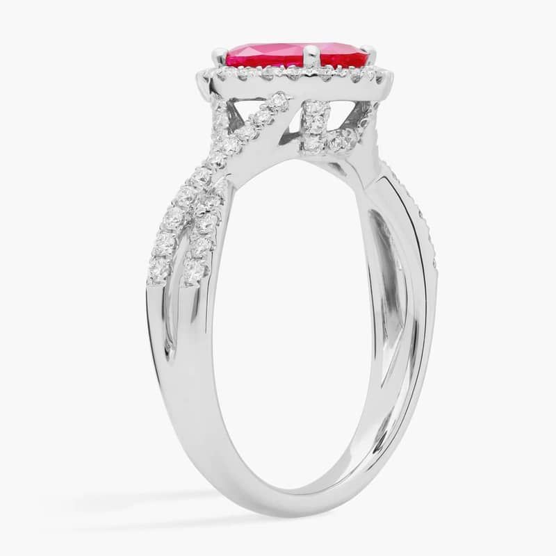 Oval Ruby and Diamond Halo Twist Ring (8x6mm)