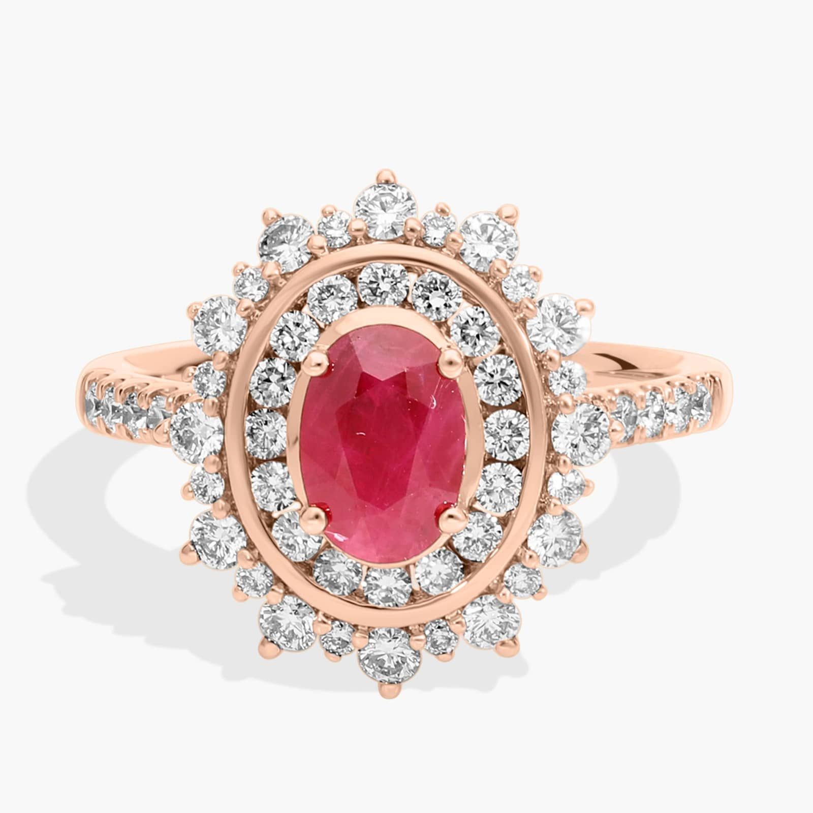 Oval Ruby Ring with Double Diamond Halo in 14k Rose Gold (7x5mm)