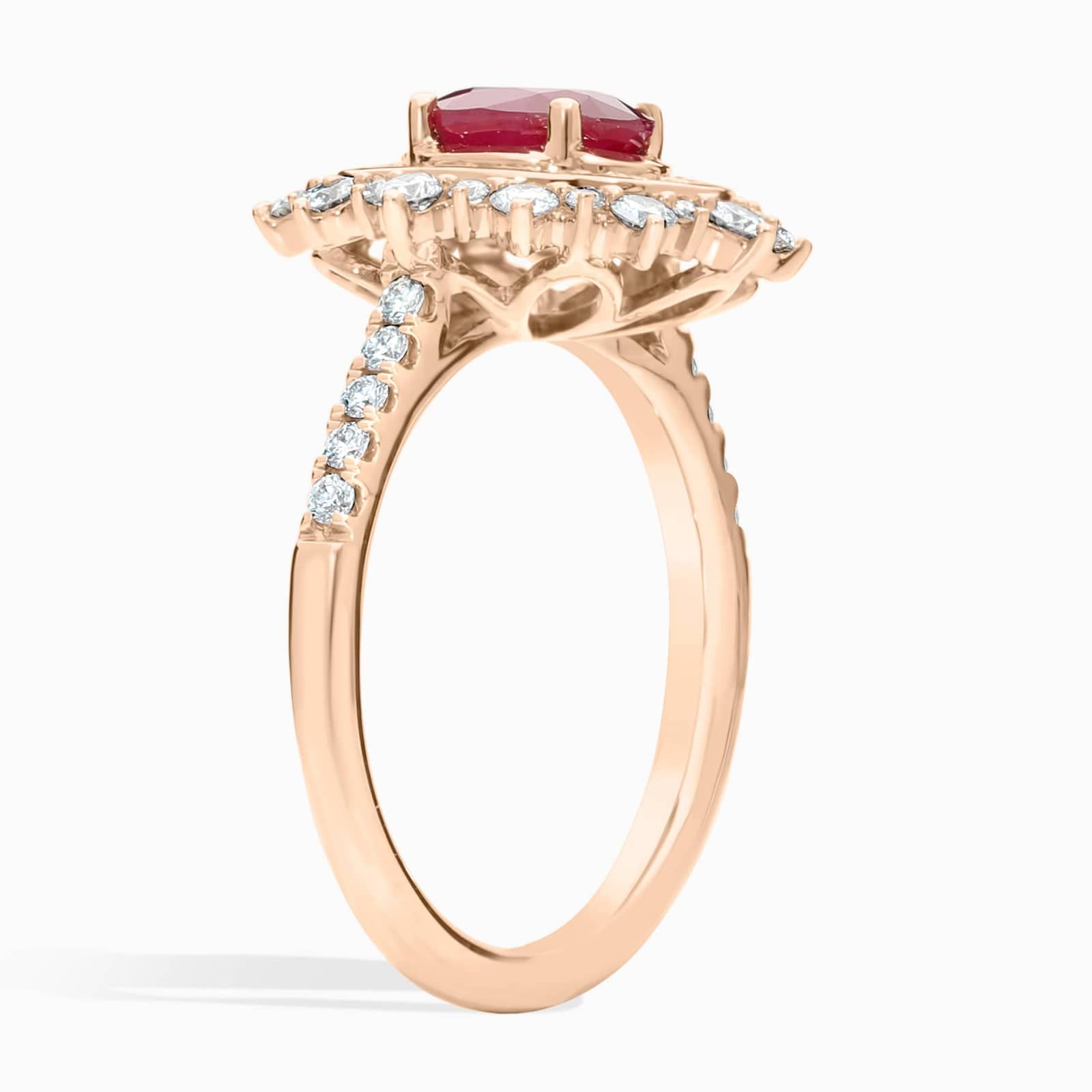 Oval Ruby Ring with Double Diamond Halo in 14k Rose Gold (7x5mm)