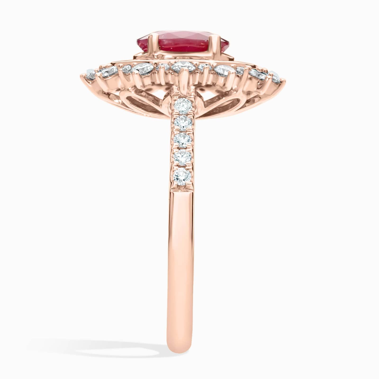 Oval Ruby Ring with Double Diamond Halo in 14k Rose Gold (7x5mm)
