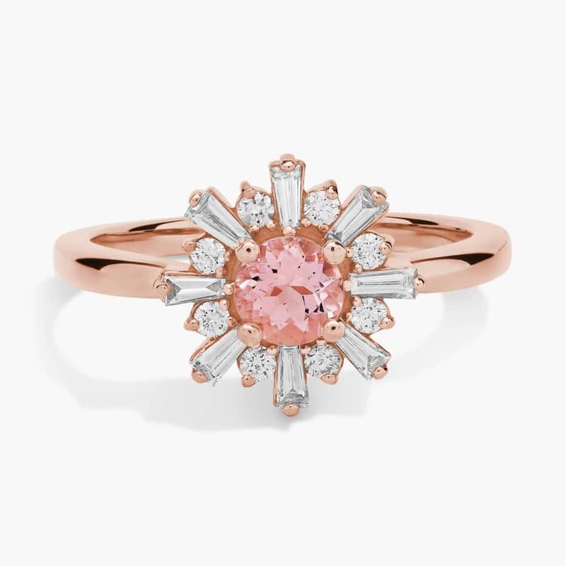 Morganite Ring with Baguette Diamond Halo in 14k Rose Gold (5mm)