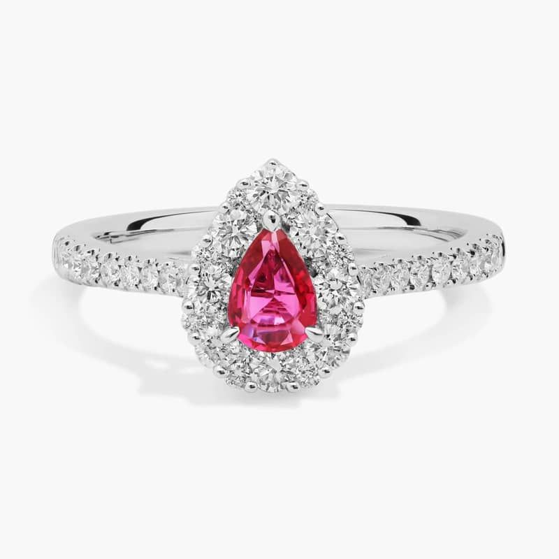 Pear-Shaped Ruby Ring with Diamond Halo in 14k White Gold (6x4mm)