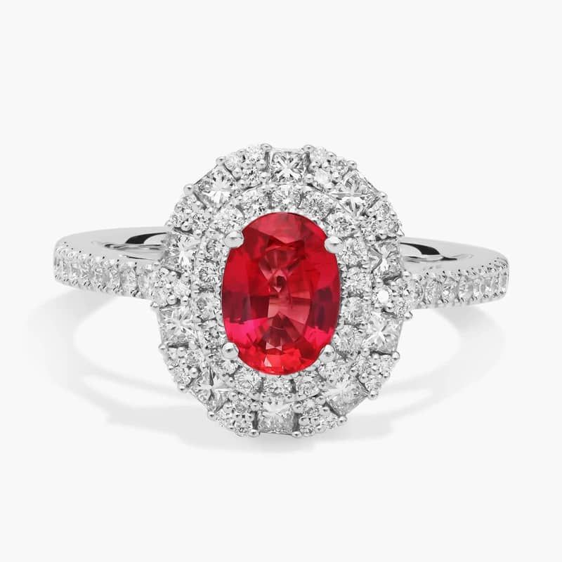 Oval Ruby Ring with Double Diamond Halo in 14k White Gold (7x5mm)