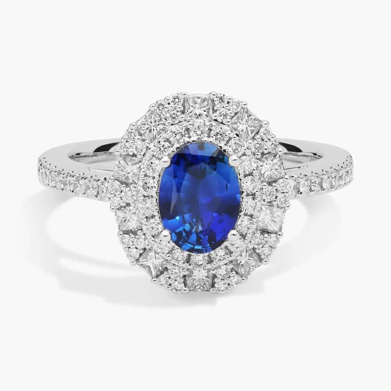 Oval Sapphire Ring with Double Diamond Halo in 14k White Gold (7x5mm)