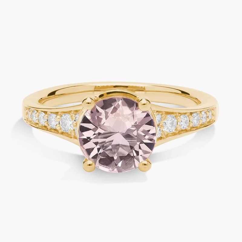 Morganite and Diamond Side Stone Ring in 14k Yellow Gold (8mm)