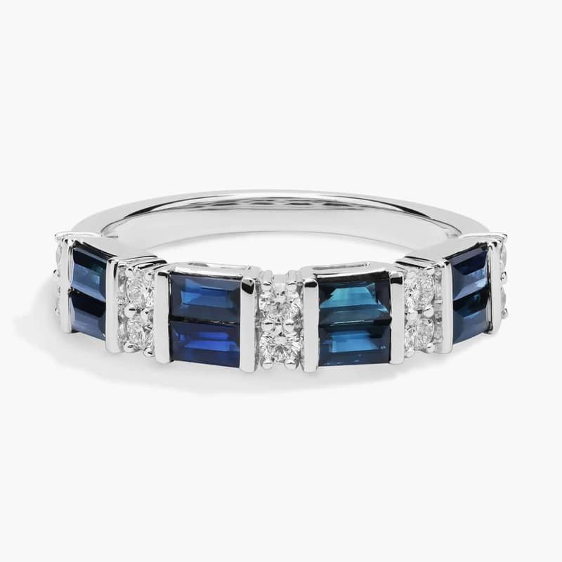 Alternating Sapphire Baguette and Diamond Ring in 14k White Gold