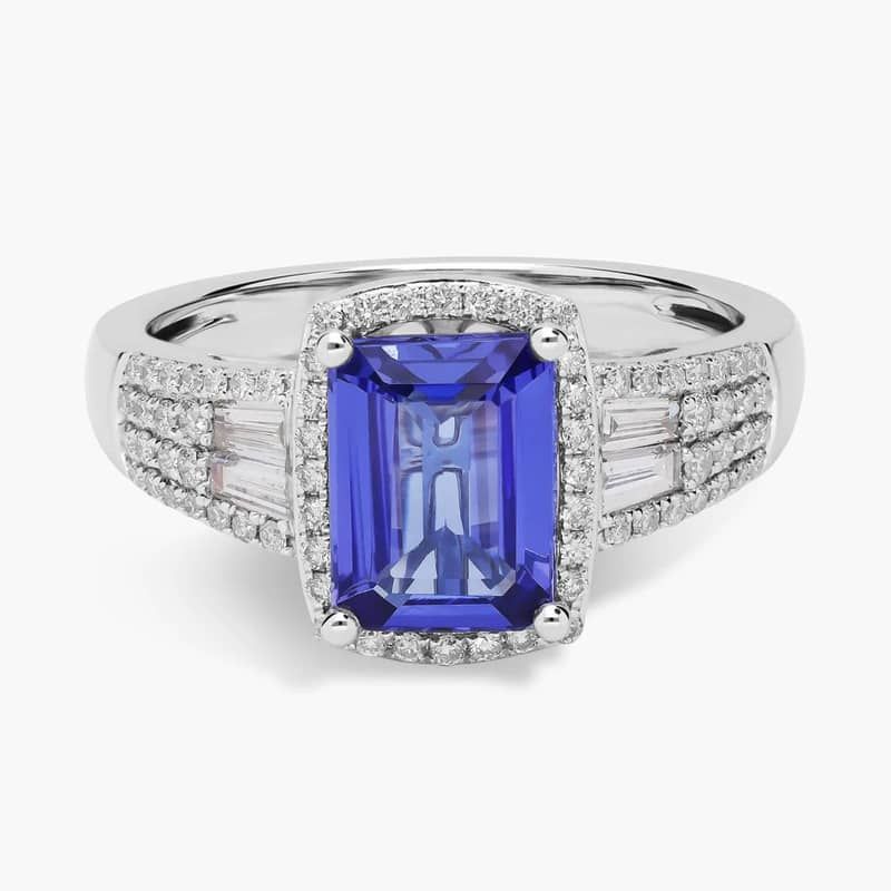 Emerald Cut Tanzanite Ring with Diamond Baguette Sidestones in 14k White Gold