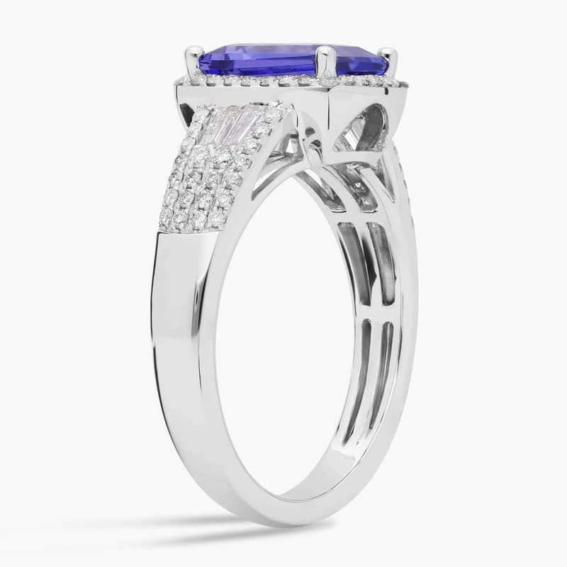 Emerald Cut Tanzanite Ring with Diamond Baguette Sidestones in 14k White Gold