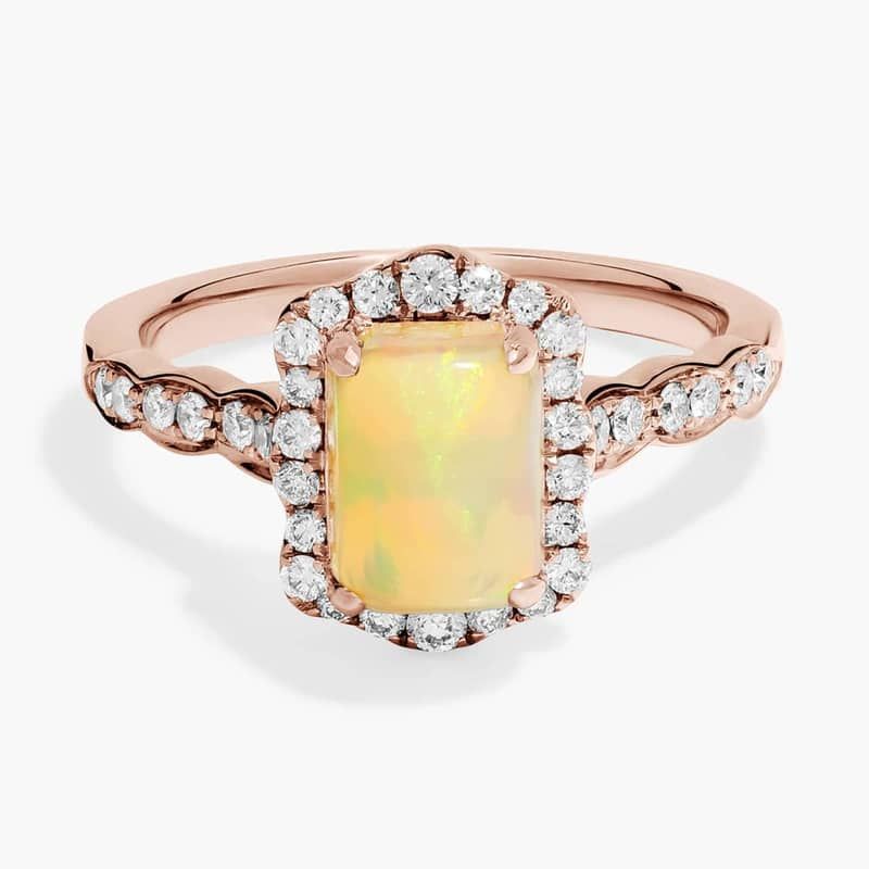 Emerald Cut Opal Ring with Diamond Halo in 14k Rose Gold