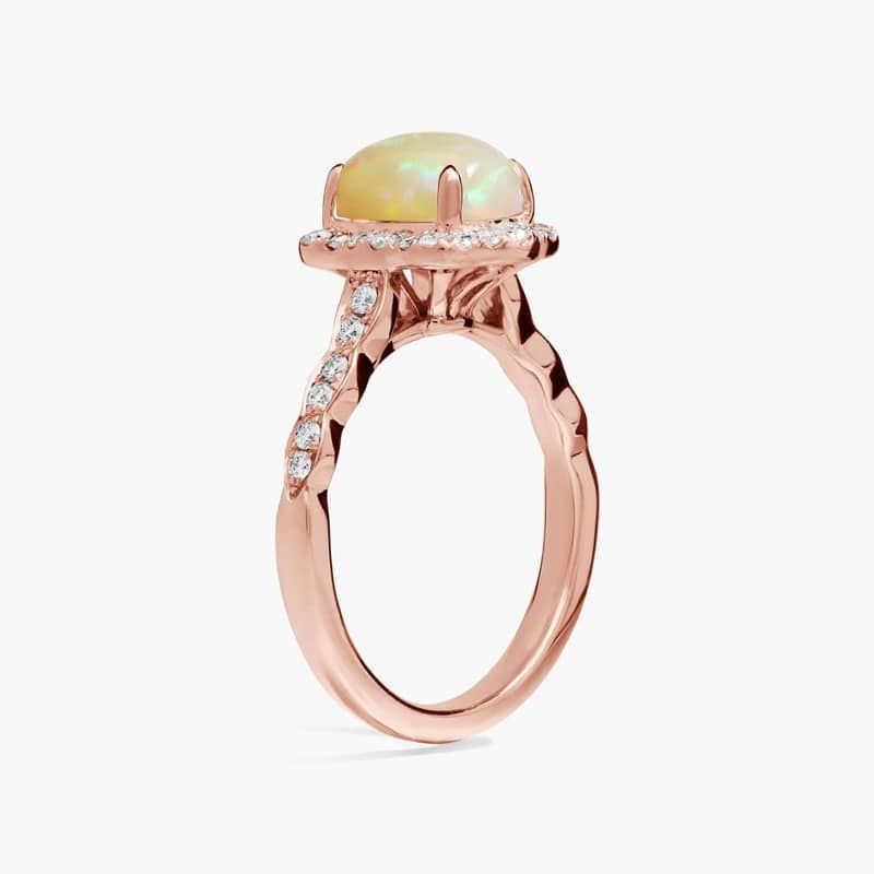 Emerald Cut Opal Ring with Diamond Halo in 14k Rose Gold