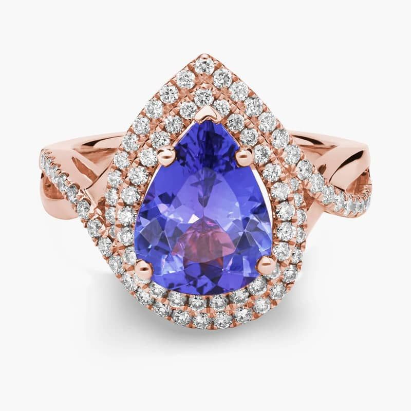 Pear Cut Tanzanite Ring with Double Diamond Halo in 14k Rose Gold