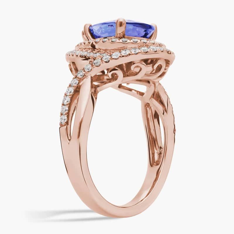 Pear Cut Tanzanite Ring with Double Diamond Halo in 14k Rose Gold