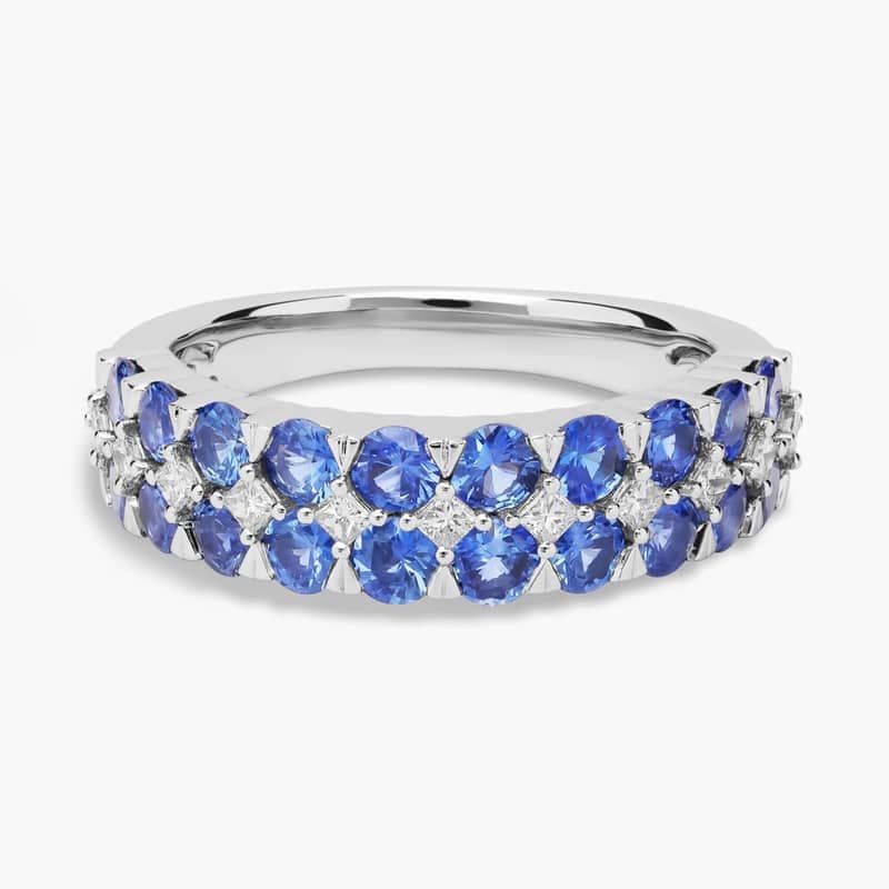 Blue Sapphire and Diamond Double Row Ring in 14k White Gold