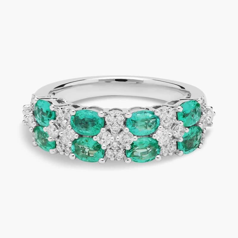 Oval Emerald & Round Diamond Double Row Ring in 14k White Gold