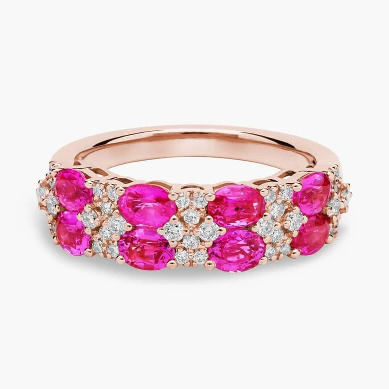 Oval Ruby & Round Diamond Double Row Ring in 14k Rose Gold