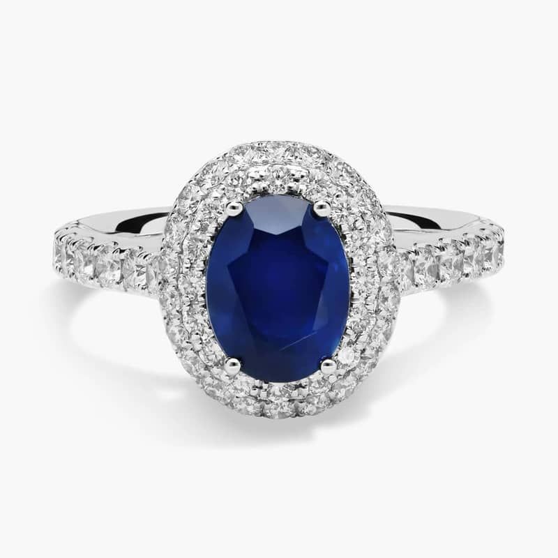 Oval Sapphire and Double Halo Diamond Ring in 14k White Gold (8x6mm)