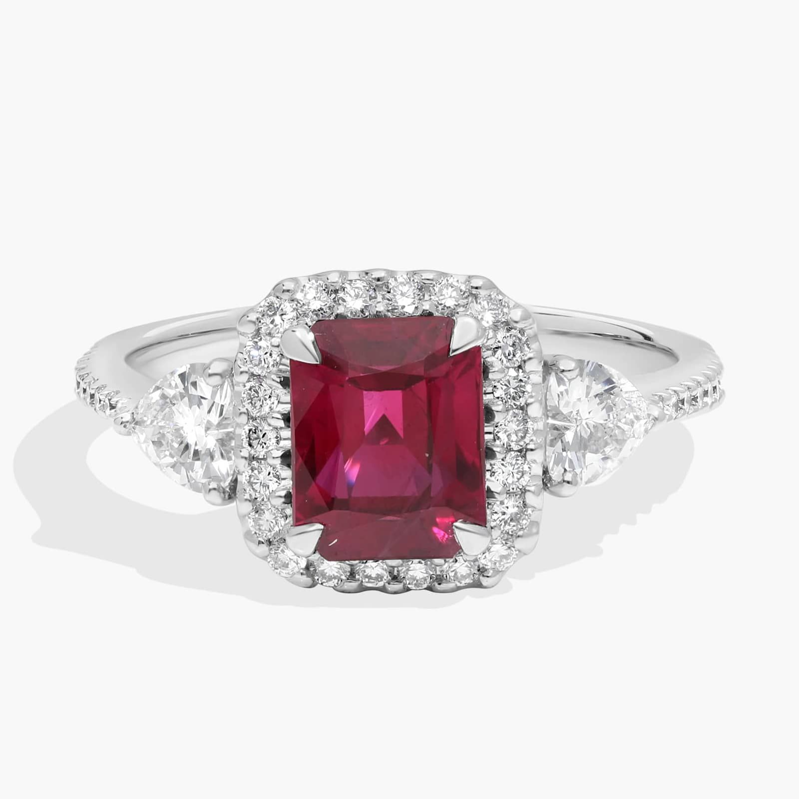 Emerald Cut Ruby and Heart Diamond Ring in 18k White Gold