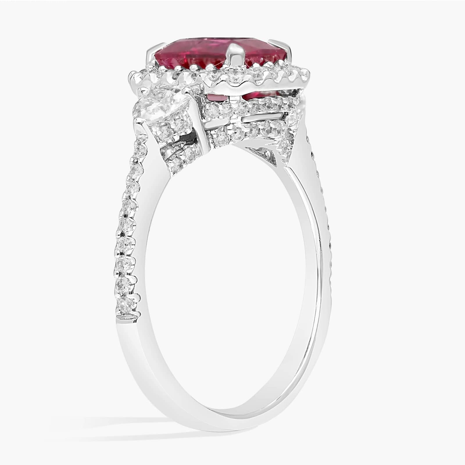 Emerald Cut Ruby and Heart Diamond Ring in 18k White Gold