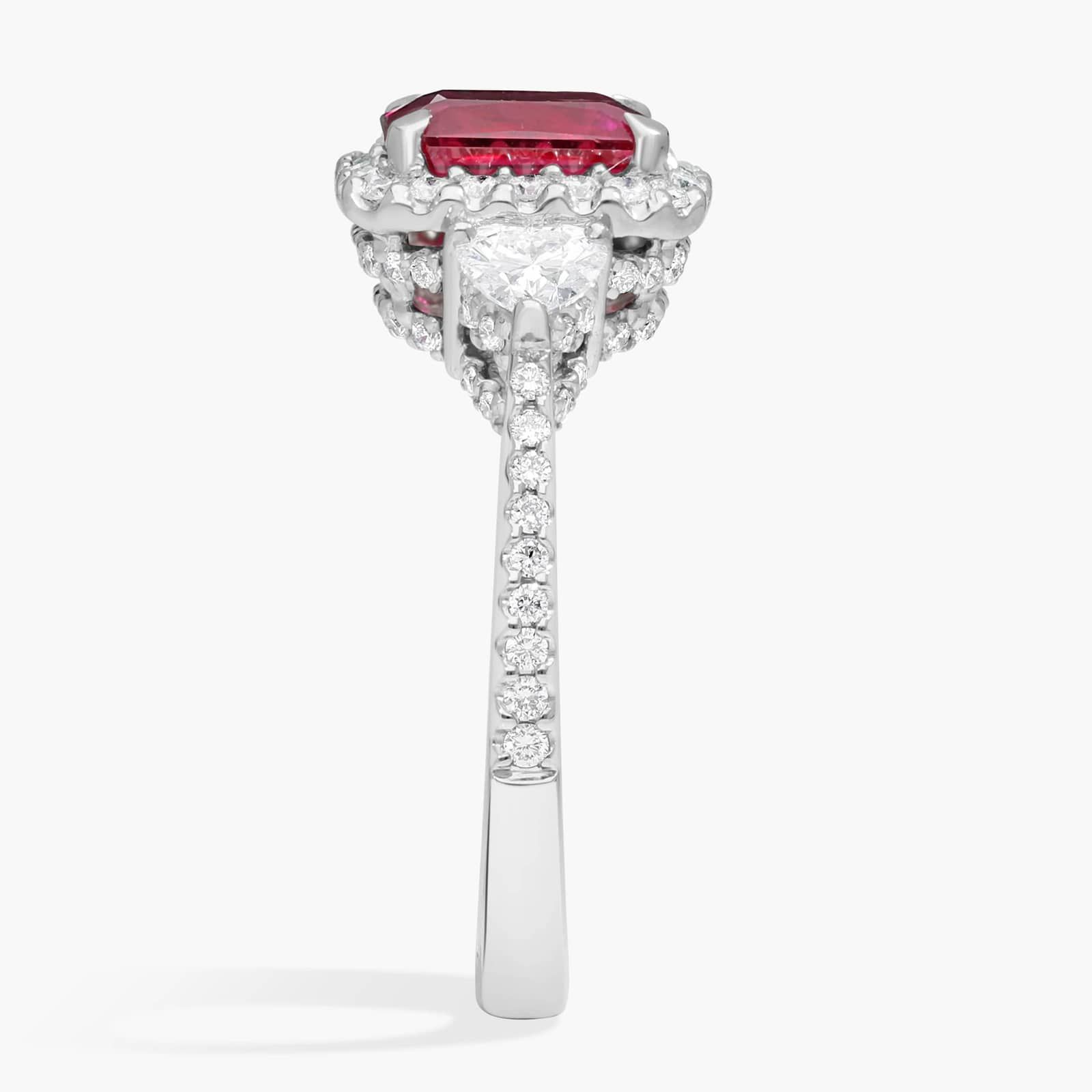 Emerald Cut Ruby and Heart Diamond Ring in 18k White Gold