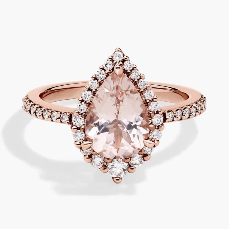 Pear Shaped Morganite with Diamond Halo Ring in 14k Rose Gold