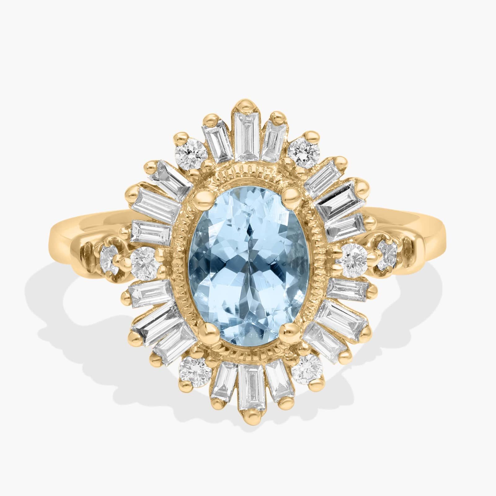 Oval Aquamarine with Baguette Halo Fashion Ring 14k Yellow Gold (6x8mm)