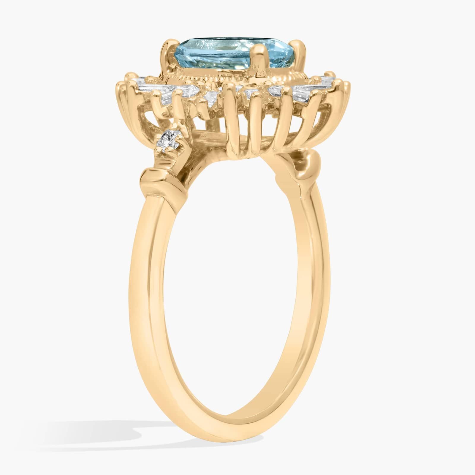 Oval Aquamarine with Baguette Halo Fashion Ring 14k Yellow Gold (6x8mm)