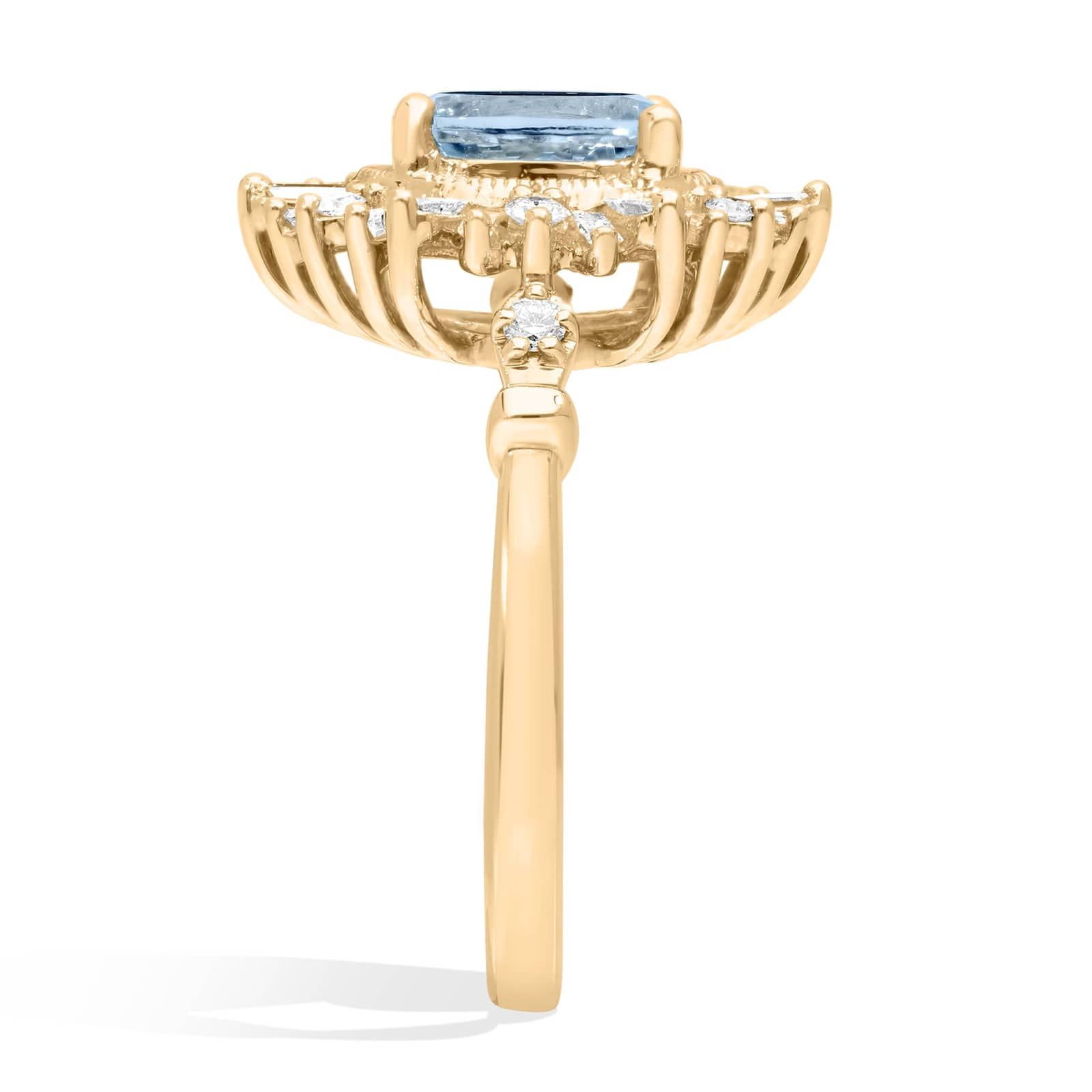 Oval Aquamarine with Baguette Halo Fashion Ring 14k Yellow Gold (6x8mm)