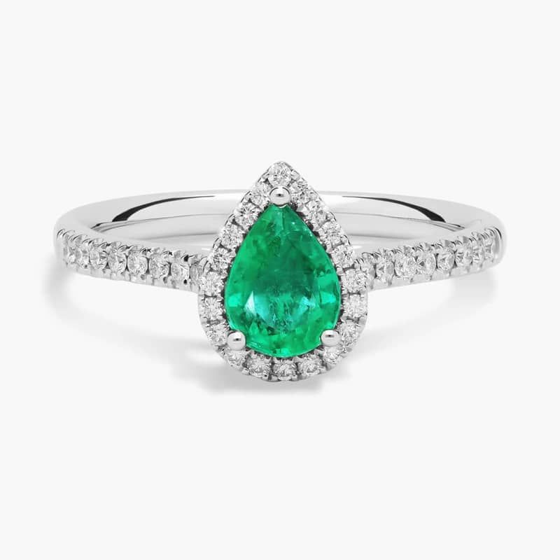 Pear Shaped Emerald and Diamond Halo Ring in 14k White Gold (7x5mm)