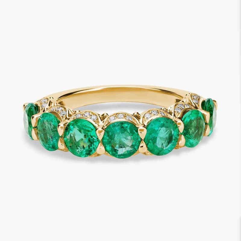 Emerald 7-Stone and Hidden Diamond Halo Ring in 14k Yellow Gold