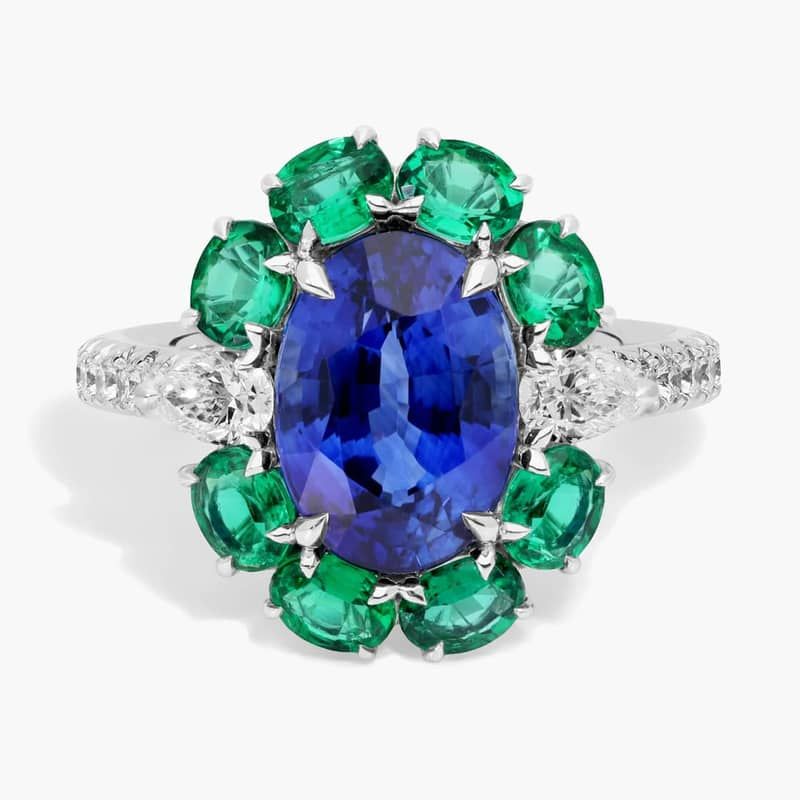 Extraordinary Collection: Blue Sapphire and Emerald Ring with Diamond Details in 18k White Gold