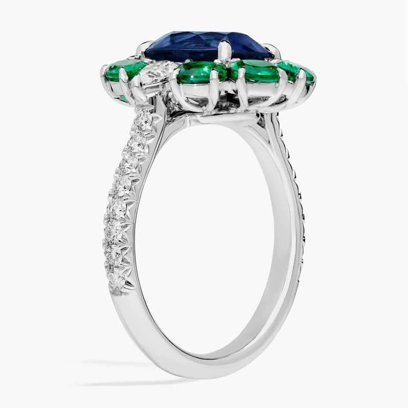 Extraordinary Collection: Blue Sapphire and Emerald Ring with Diamond Details in 18k White Gold