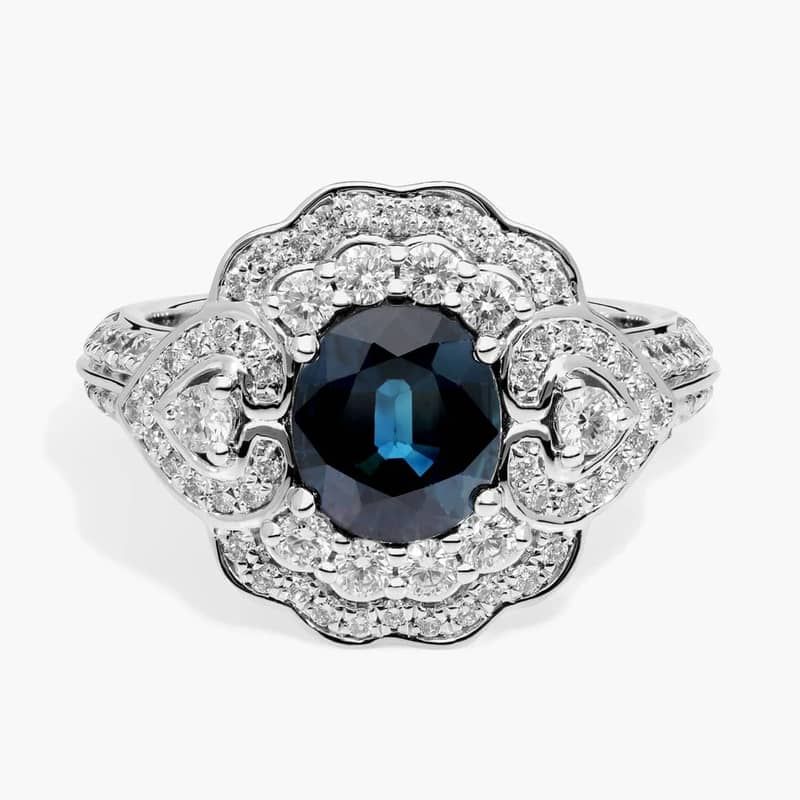 Extraordinary Collection: Ornate Blue Sapphire and Diamond Ring in 18k White Gold