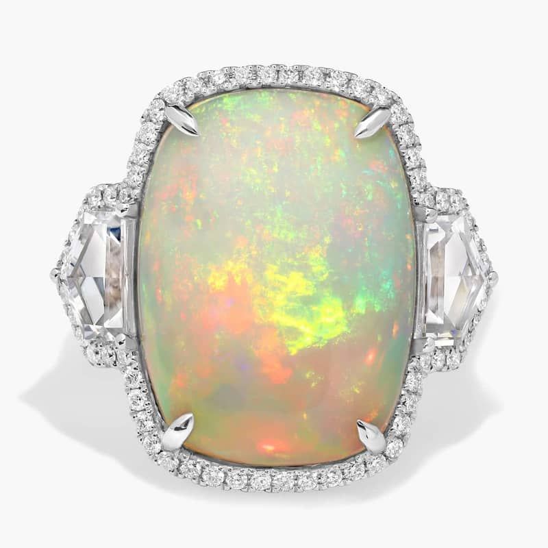 Extraordinary Collection: Cushion Cut Opal with Cadillac Cut White Sapphire Ring in 18k White Gold