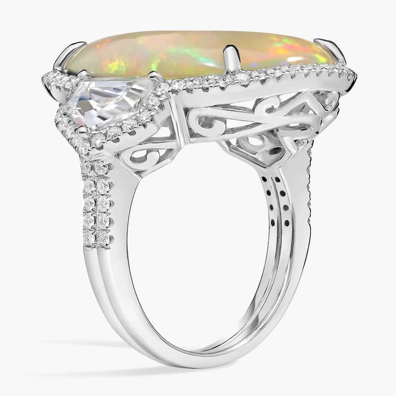 Extraordinary Collection: Cushion Cut Opal with Cadillac Cut White Sapphire Ring in 18k White Gold