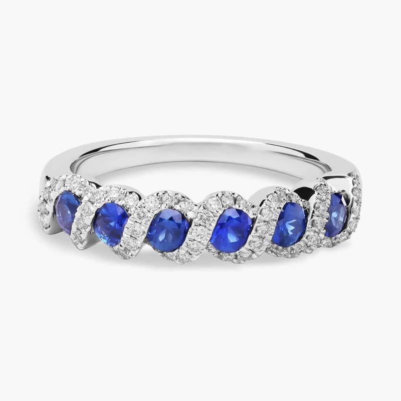 Round Sapphire and Diamond Band in 14k White Gold (2.8mm)