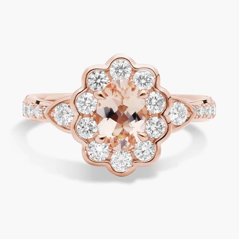 Morganite and Diamond Floral Ring in 14k Rose Gold (7x5mm)