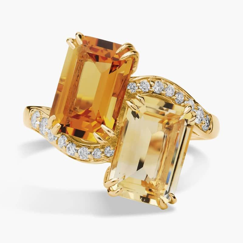 Emerald Cut Citrine and Diamond Two-Stone Ring in 14k Yellow Gold