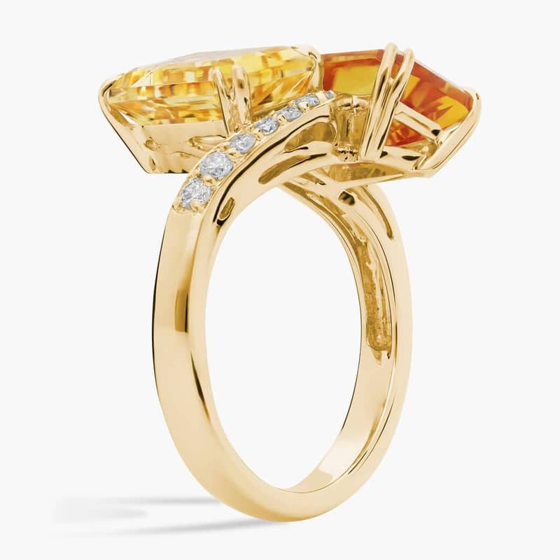 Emerald Cut Citrine and Diamond Two-Stone Ring in 14k Yellow Gold