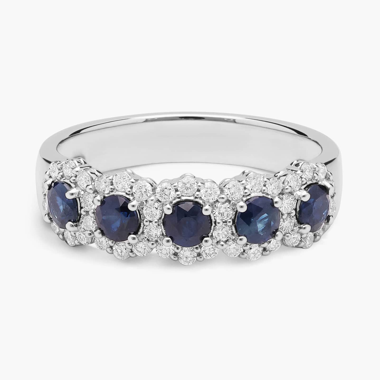 Five Stone Round Sapphire Halo Diamond Ring in 14k White Gold (1 ct. tw.)