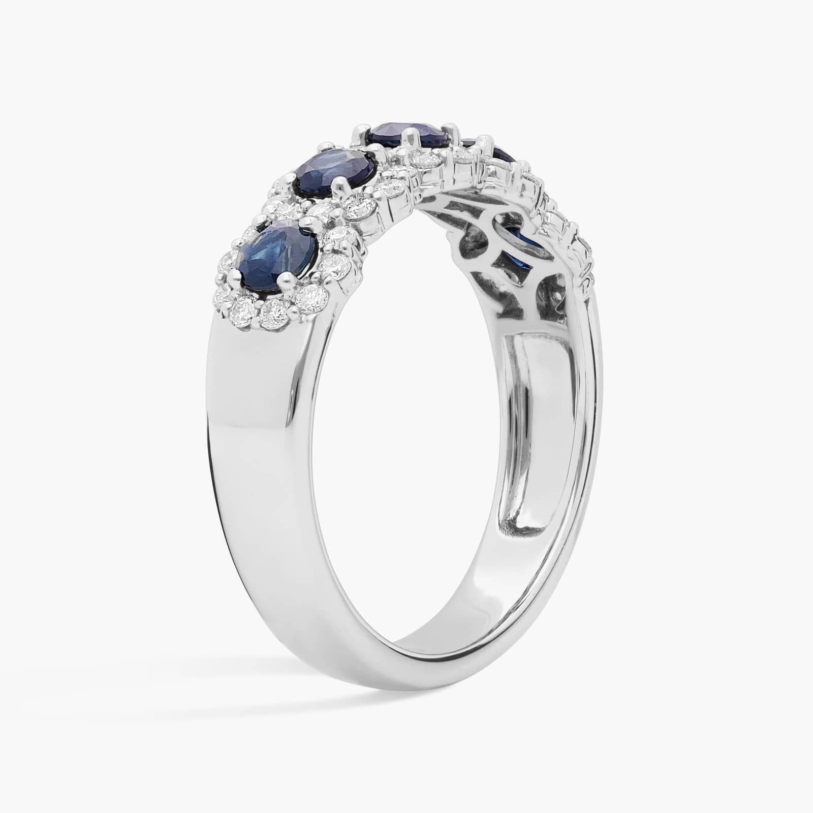Five Stone Round Sapphire Halo Diamond Ring in 14k White Gold (1 ct. tw.)