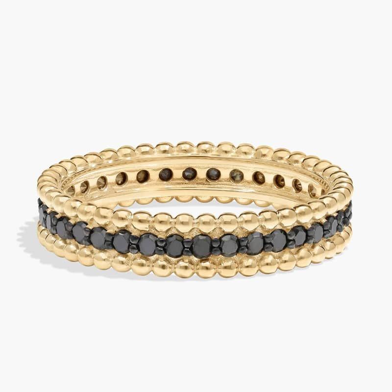 Black Diamond and Beaded Eternity Ring in 14K Yellow Gold