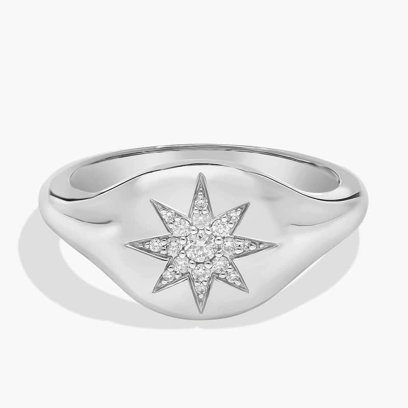 Diamond Star Signet Ring in 14K White Gold