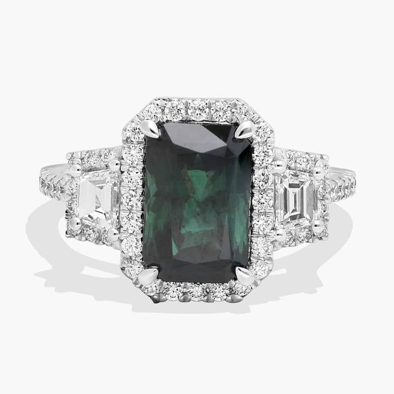 Extraordinary Collection: Blue-Green Sapphire and Diamond Trapezoid Statement Ring in Platinum