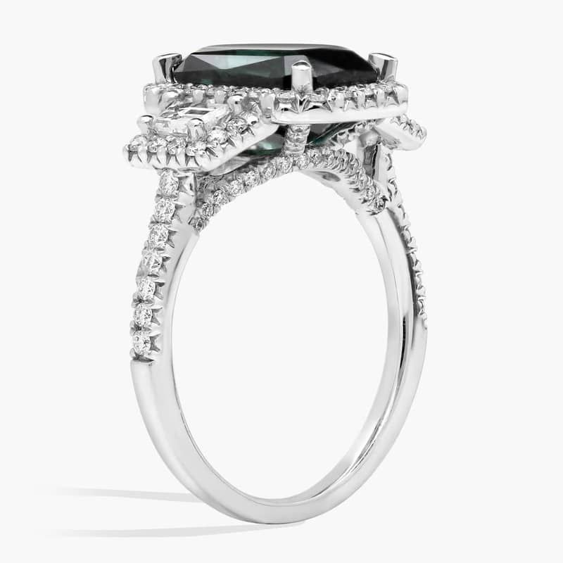 Extraordinary Collection: Blue-Green Sapphire and Diamond Trapezoid Statement Ring in Platinum