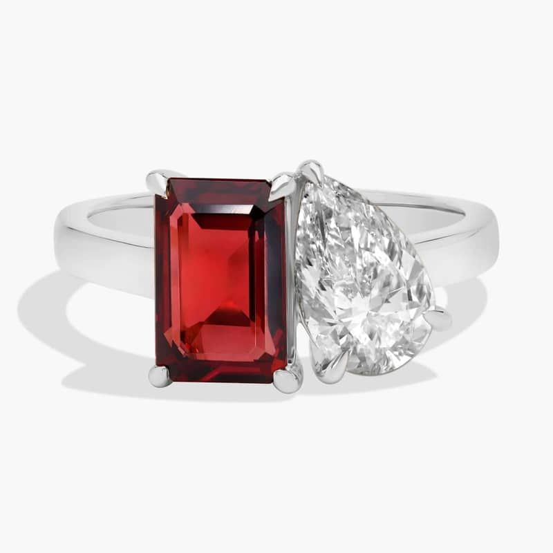 Lab Grown Diamond and Garnet Two Stone Ring in 14k White Gold