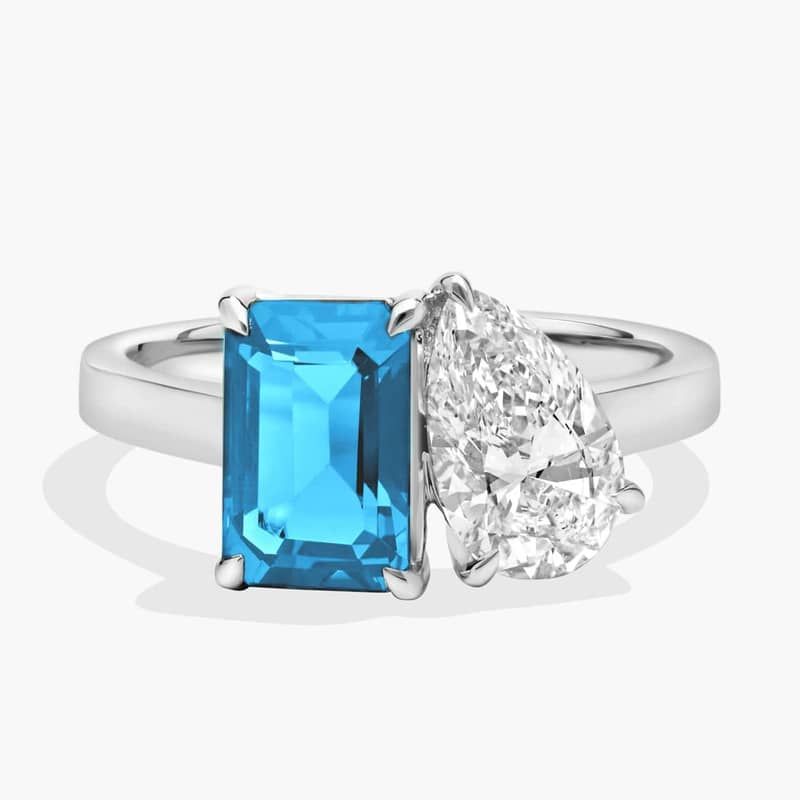 Lab Grown Diamond and Blue Topaz Two Stone Ring in 14k White Gold