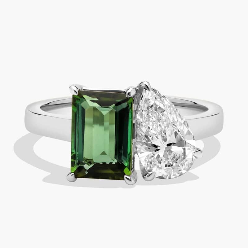 Lab Grown Diamond and Tourmaline Two Stone Toi Et Moi Ring in 14k White Gold
