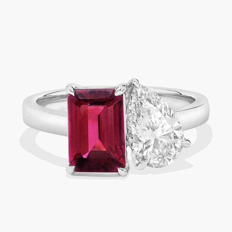 Lab Grown Diamond and Rhodolite Two Stone Toi Et Moi Ring in 14k White Gold