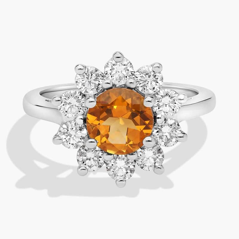 Round Citrine and Diamond Halo Ring in 14k White Gold