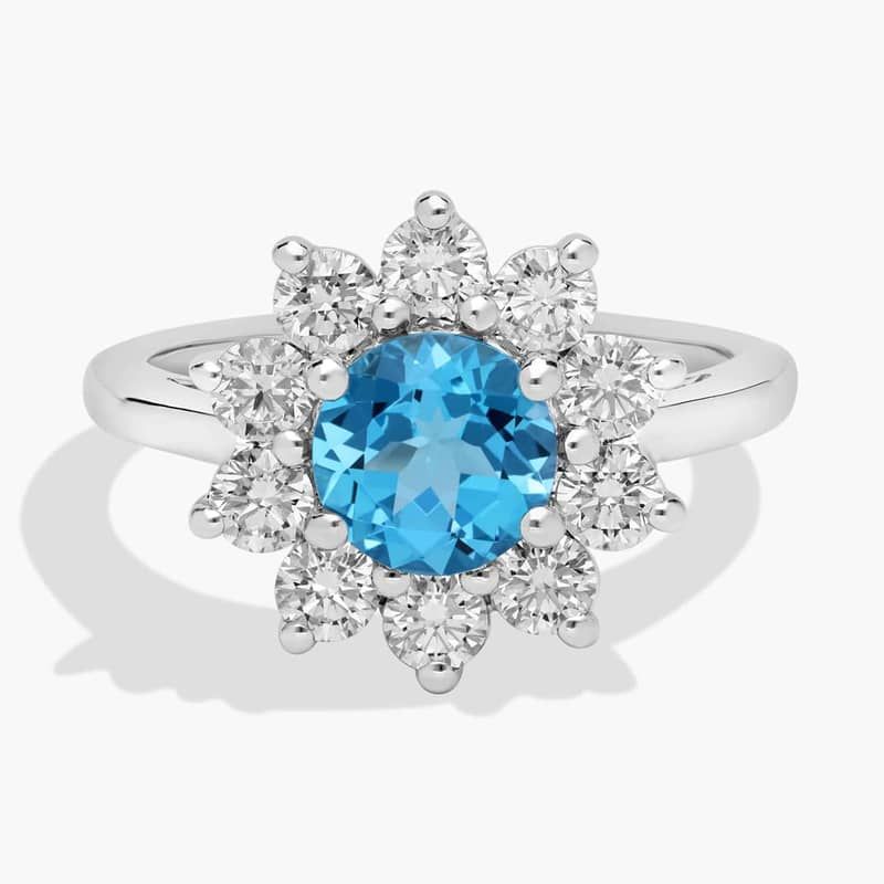 Round Blue Topaz and Diamond Halo Ring in 14k White Gold